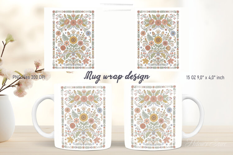Farmhouse pattern mug wrap design png | Folk sunflowers example image 1