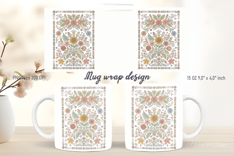Farmhouse pattern mug wrap design png | Folk sunflowers