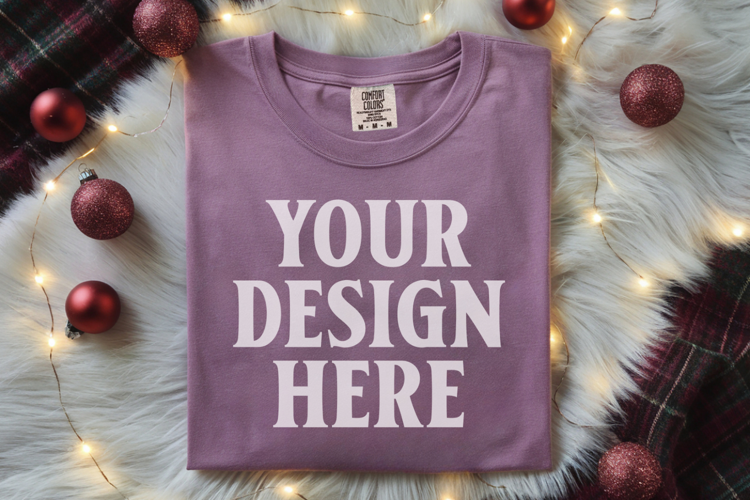 Orchid Comfort Colors 1717 Christmas Folded T-Shirt Mockup