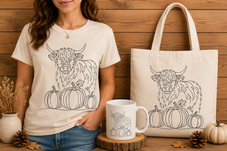 Highland Cow and Pumpkins Line Art Coloring Page PNG