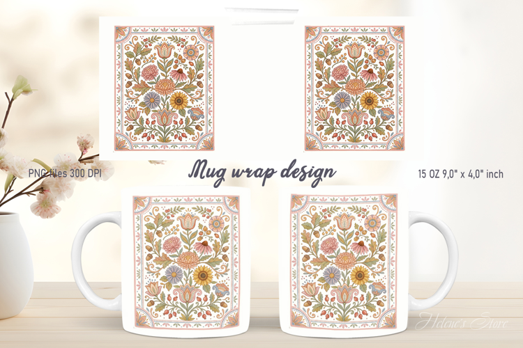Farmhouse pattern mug wrap design png | Folk floral design