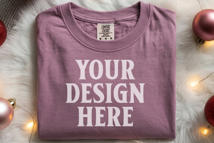 Orchid Comfort Colors 1717 Christmas Folded T-Shirt Mockup