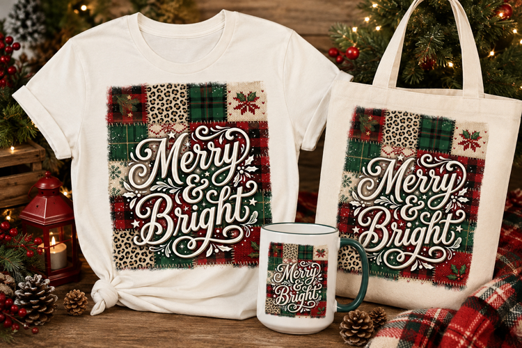 Merry & Bright Patchwork PNG | Rustic Christmas Design