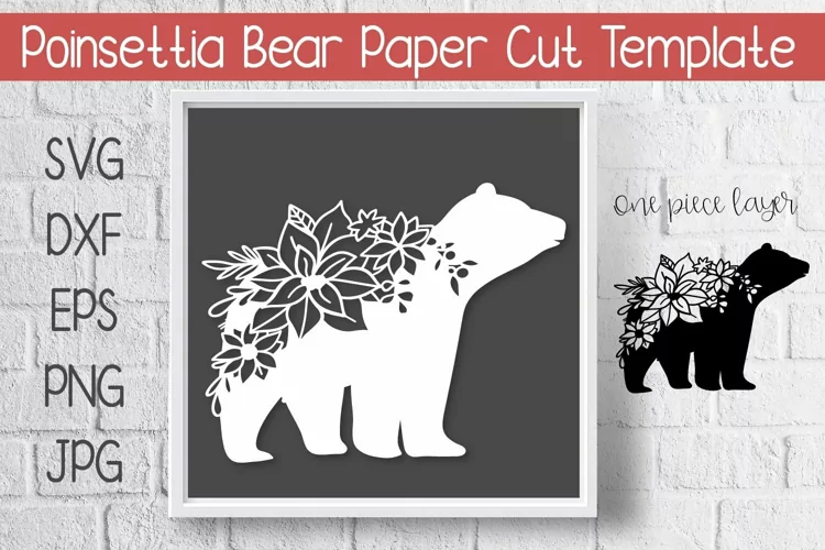 Bear Poinsettia Paper Cut Template Design