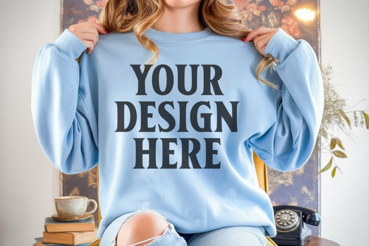 Light Blue Gildan 18000 Crewnwck Sweatshirt Mockup, gildan