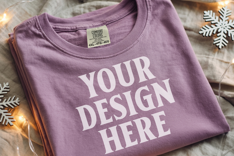 Orchid Comfort Colors 1717 Christmas Folded T-Shirt Mockup
