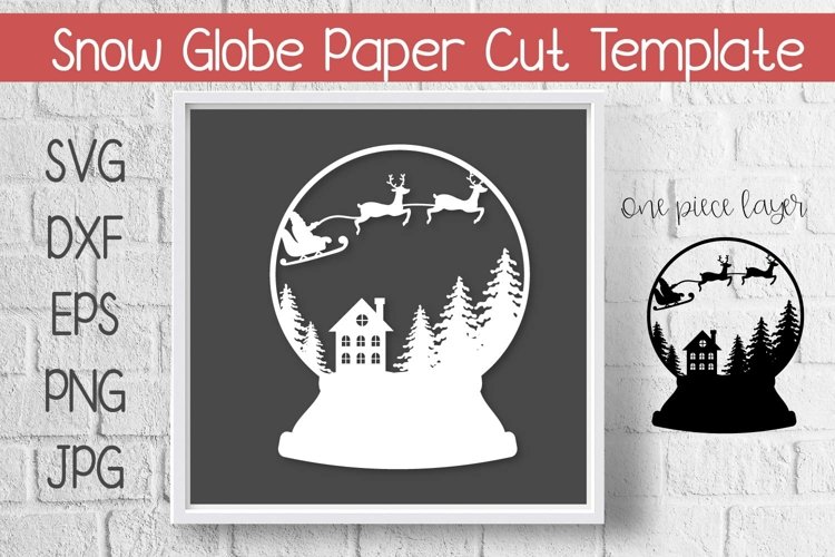 Christmas Snow Globe Paper Cut Template with Flying Santa example image 1