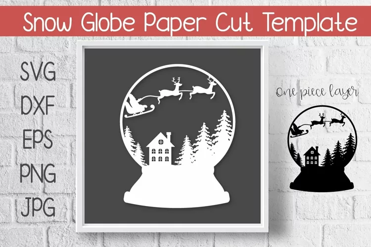 Christmas Snow Globe Paper Cut Template with Flying Santa