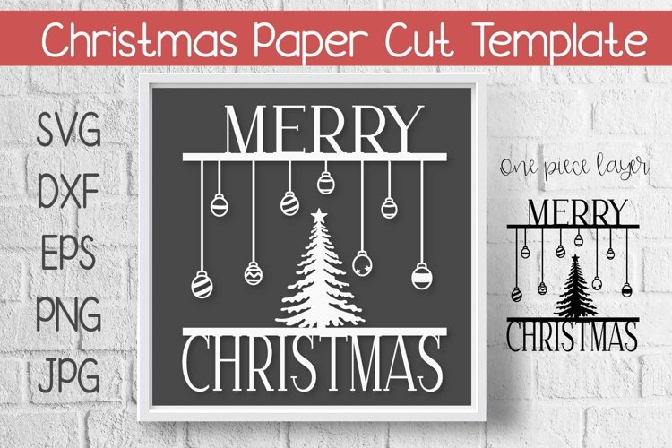 Merry Christmas Tree and Ornaments Paper Cut Template example image 1