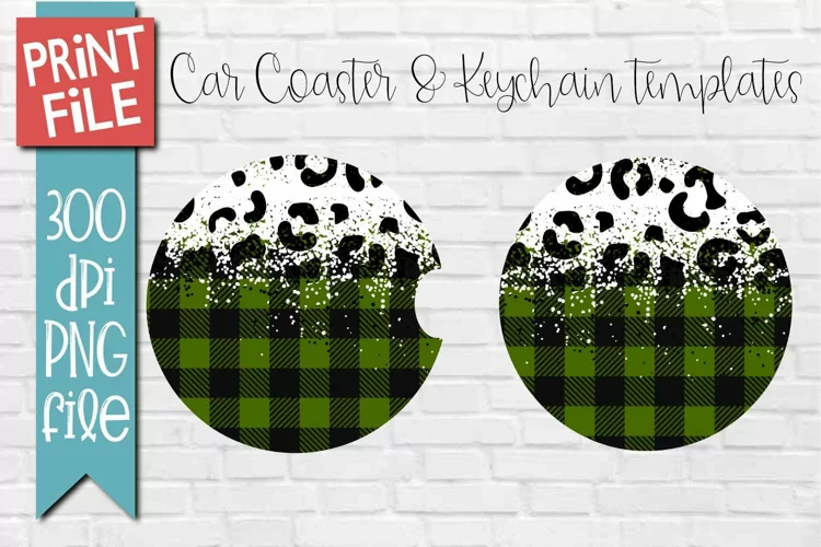 Green Plaid Cheetah Car Coaster Round Keychain Sublimation