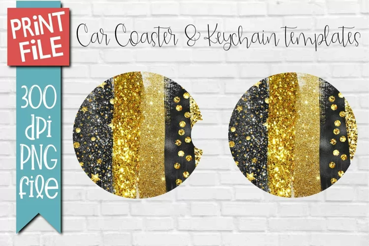 Black and Gold Car Coasters and Round Keychain Sublimation