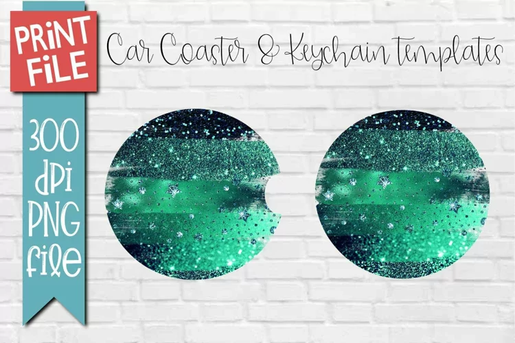 Car Coasters and Round Keychain Sublimation Green Glitter