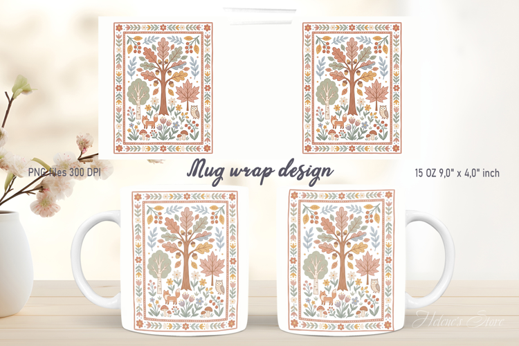 Farmhouse pattern mug wrap design png | Folk forest designs