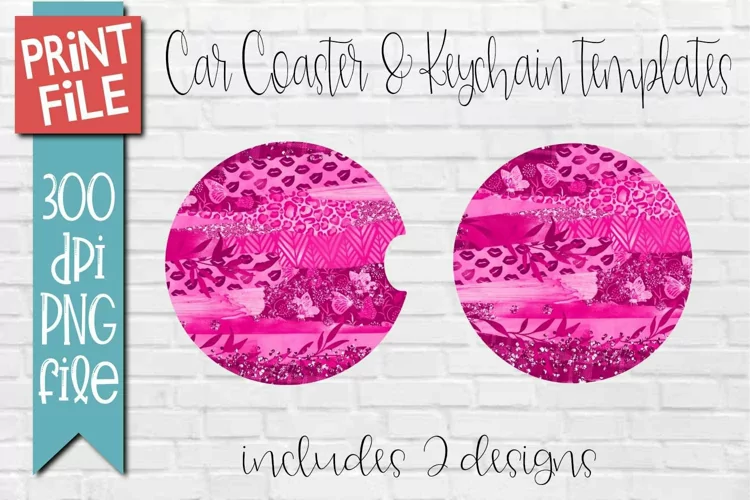 Car Coasters and Round Keychain Sublimation Pink Patterns