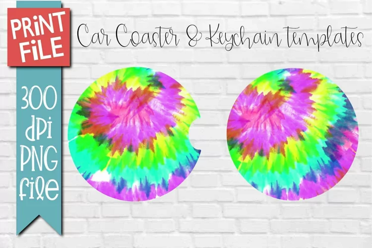 Green Tie Dye Car Coasters and Keychain Sublimation Design
