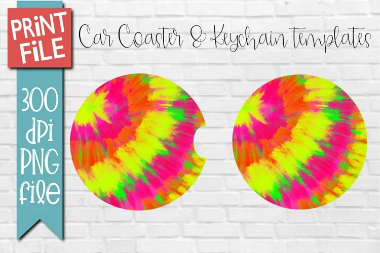 Yellow Tie Dye Car Coasters and Keychain Sublimation Design