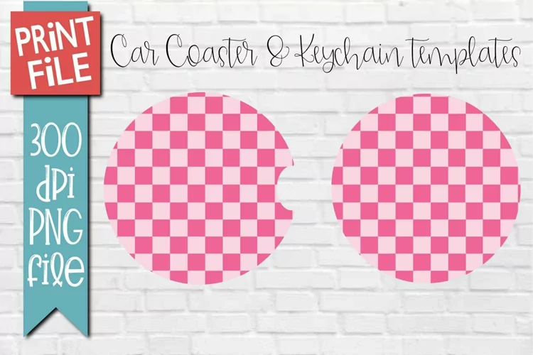 Pink Checker Car Coasters and Keychain Sublimation Design