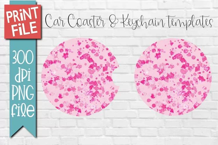 Pink Confetti Car Coasters and Keychain Sublimation Design