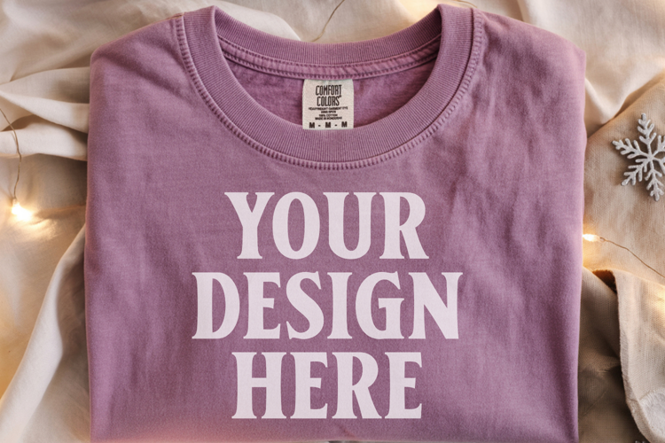 Orchid Comfort Colors 1717 Christmas Folded T-Shirt Mockup
