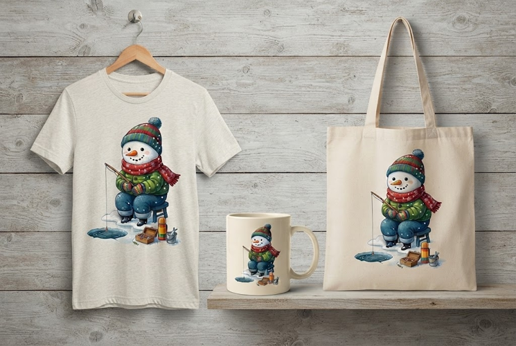 Snowman Ice Fishing Winter Watercolor Art