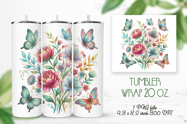 Fantasy floral meadow straight tumbler 20oz wrap design png