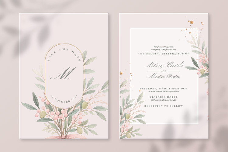 Pastel Botanical Wedding Invitation & Save the Date Template