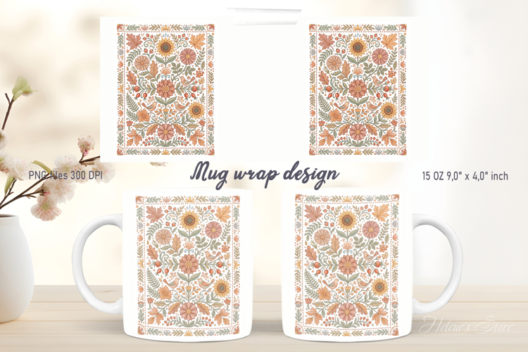 Farmhouse pattern mug wrap design png | Folk floral designs