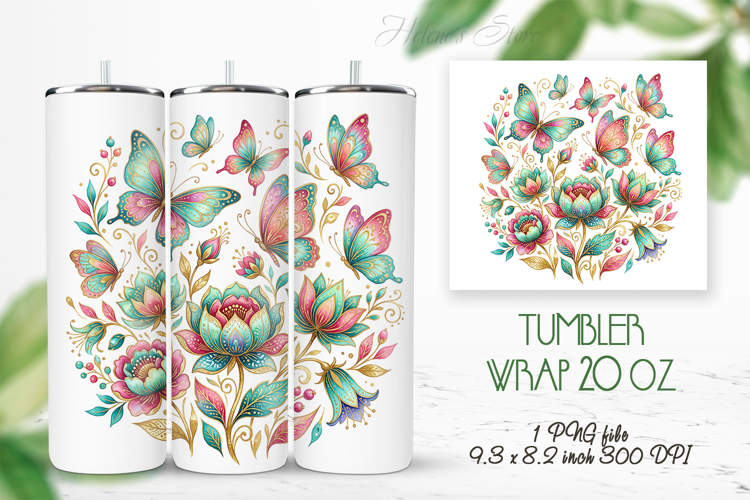 Fantasy floral meadow straight tumbler 20oz wrap design png