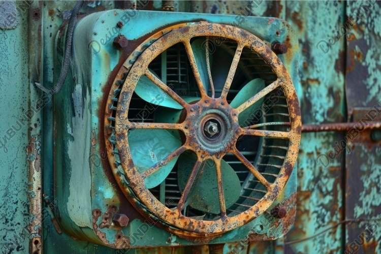 Rusty industrial fan showing corrosion and decay on green wa