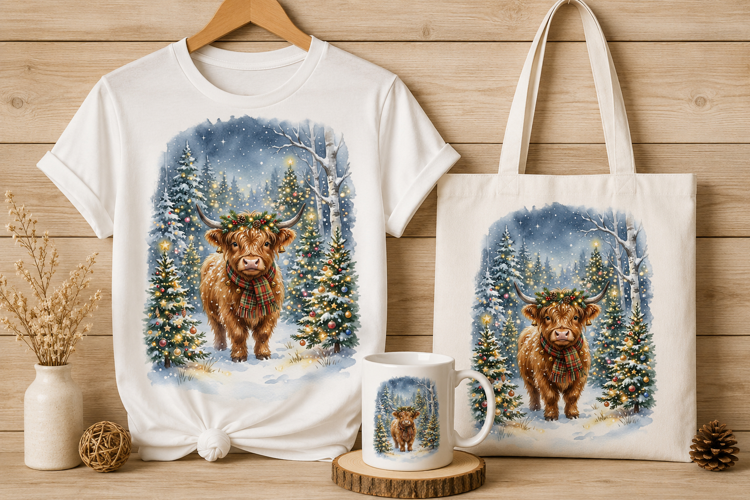 Highland Cow in Christmas Forest Watercolor Art PNG