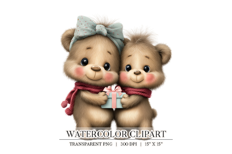 Cute Bear Couple Gift Watercolor Clipart