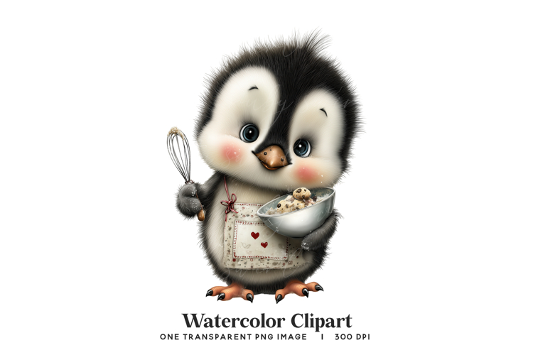 Cute Baking Penguin Watercolor Clipart