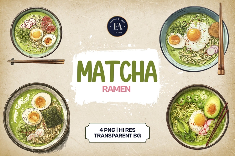 Matcha Ramen Clipart Bundle 4 PNG