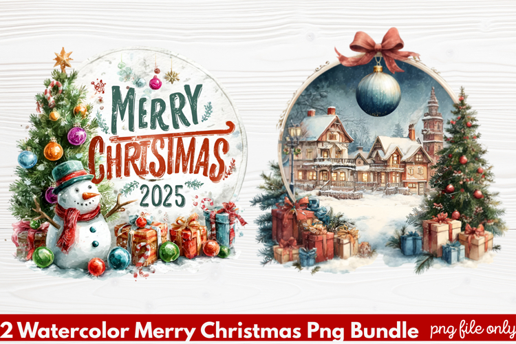2 Watercolor Merry Christmas PNG | Festive Holiday