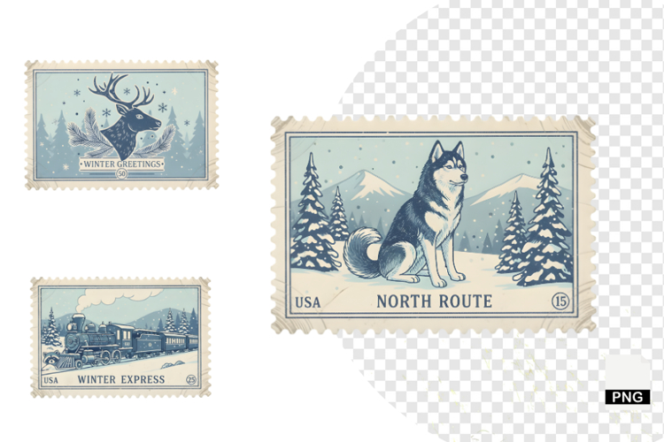Vintage Winter Postage Stamps Clipart