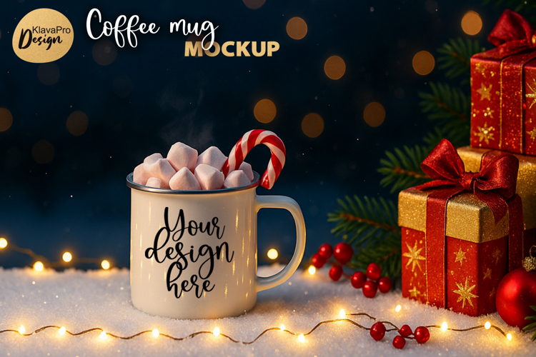 Vintage Christmas Mug Mockup | Holiday Enamel Cup with Gifts