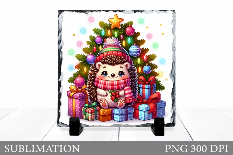 Cute Hedgehog Sublimation. Christmas Hedgehog Slate Design