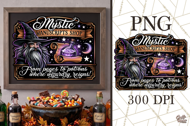 Mystic Manuscripts Shop Halloween PNG Sign Graphic Wizard
