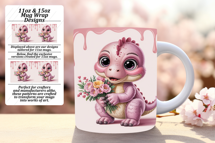 Vibrant 11oz Mug Wrap Png Design , Cute Dino