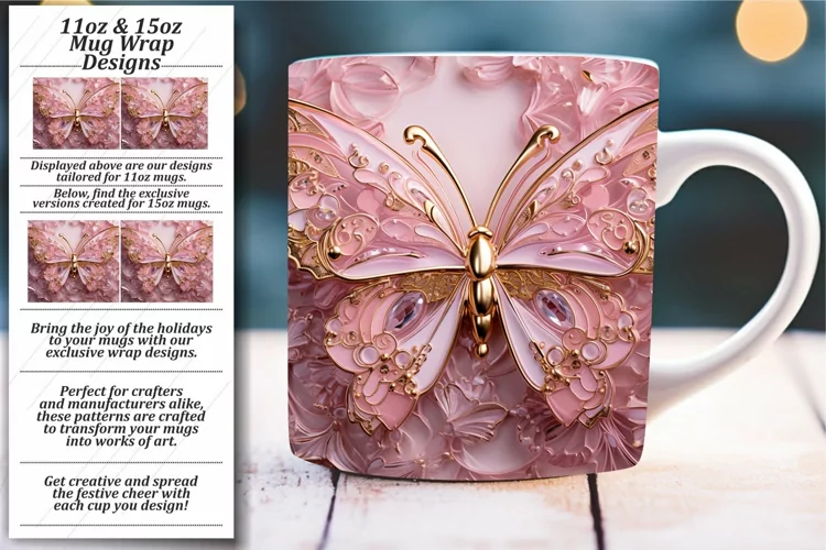 Vintage Butterfly Artistry: 3D Mug Wrap 11oz 15oz