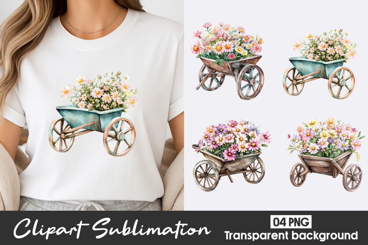 Vintage Floral Cart Watercolor Clipart PNG