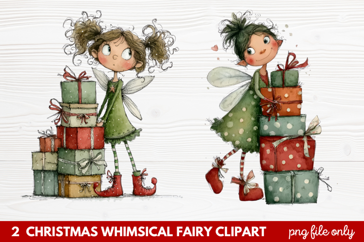 2 Christmas Whimsical Fairy Clipart | Cute Holiday Fairies