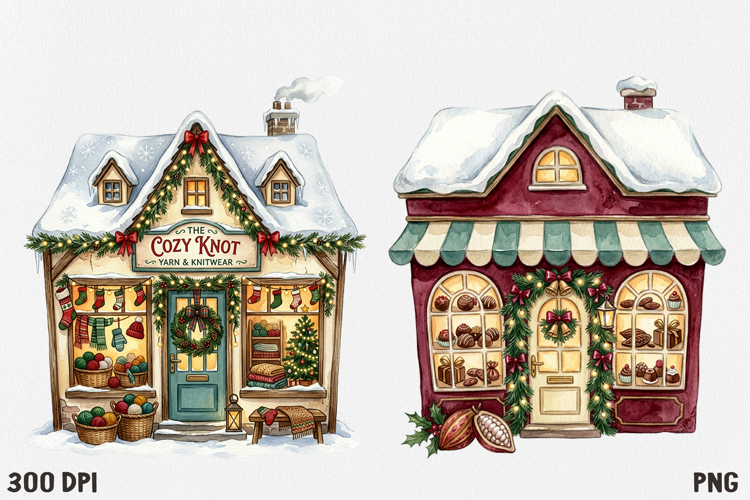 Christmas Village Watercolor Clipart PNG, Whimsical Holiday