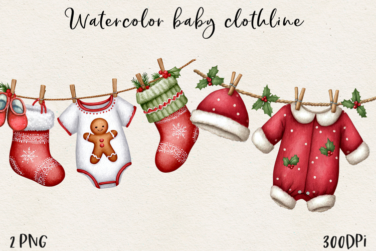 Watercolor Christmas Baby Clothesline Clipart PNG