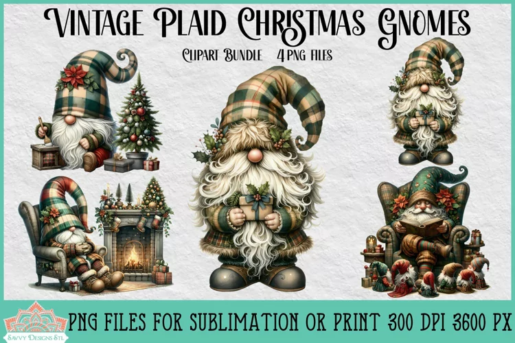 Vintage Plaid Christmas Gnomes | Christmas Clipart