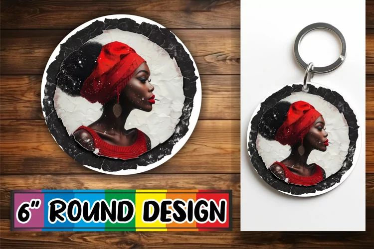 Keychain Winter Round Design with Holiday Woman Portrait