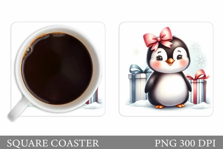 Cute Penguin Coaster Sublimation. Christmas Coaster Design