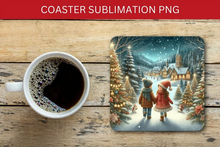 square coaster - christmas village with children