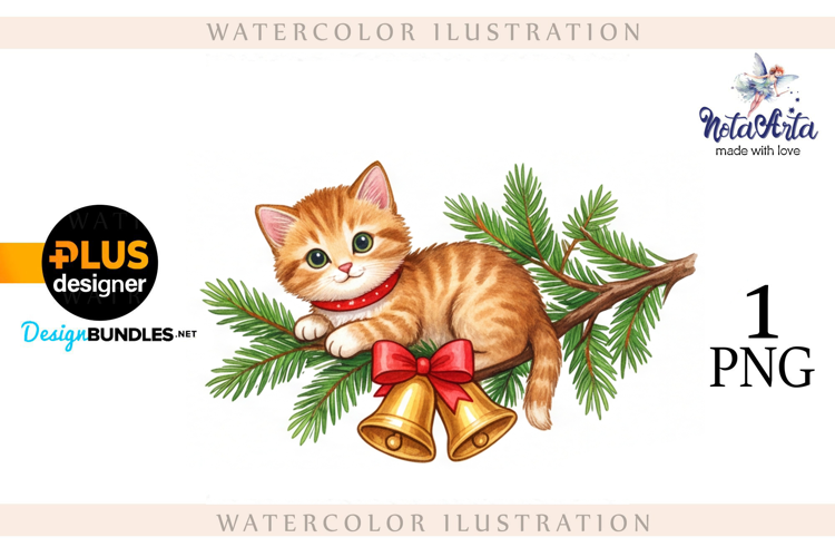 Christmas Kitten in Watercolor Style
