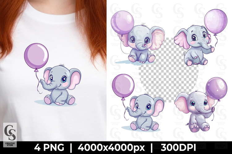 Baby Elephant with Balloon Cute Animal Clipart PNG